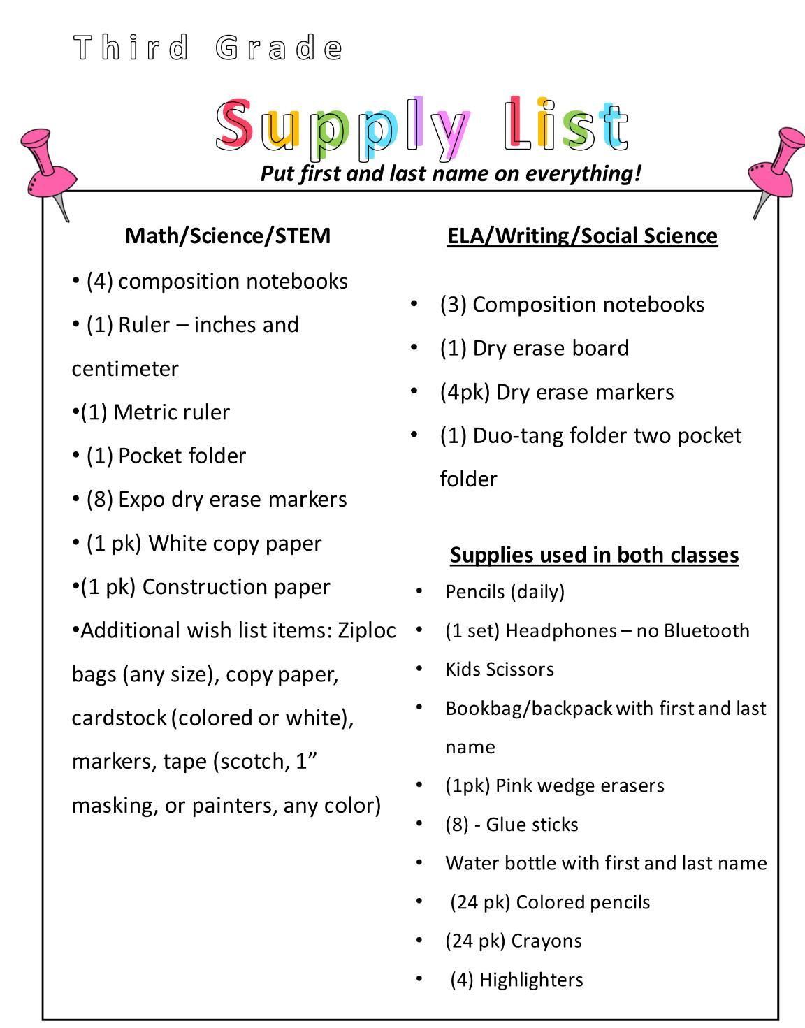 school supply list 3rd supply list